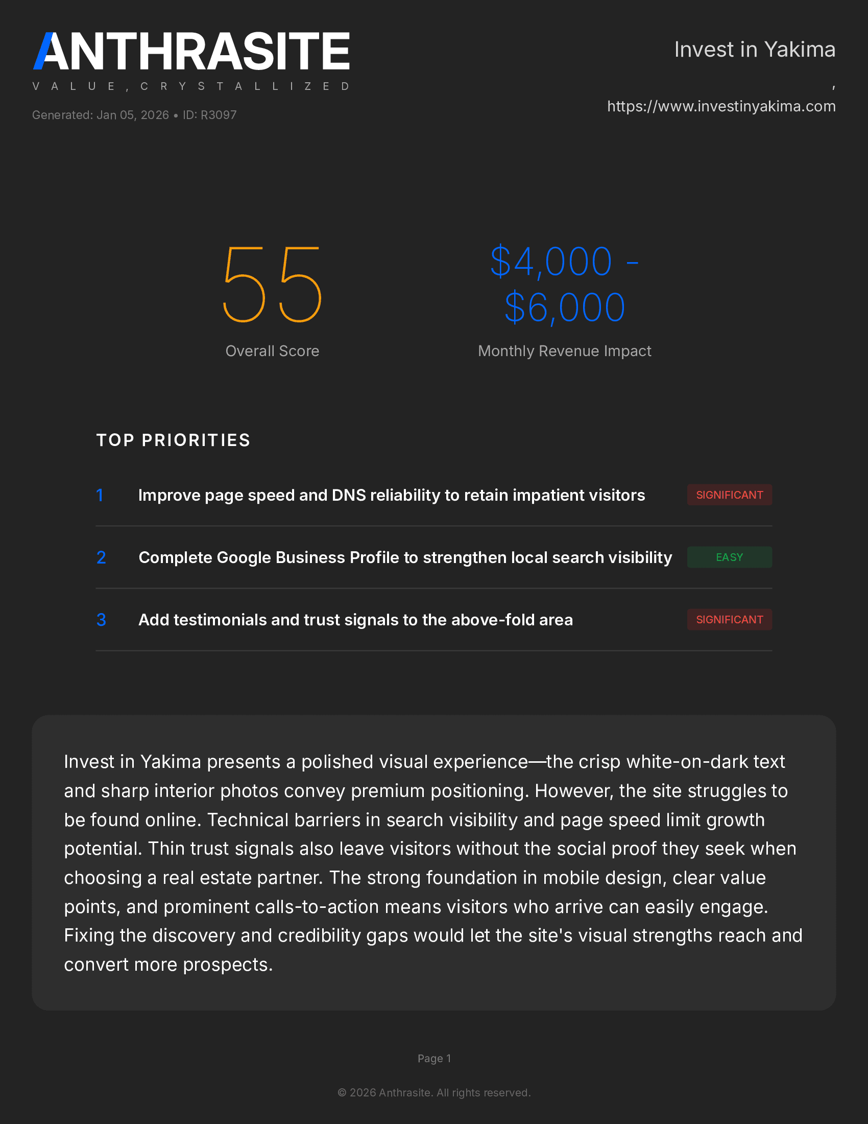 Sample report page 1 - Overall score and summary